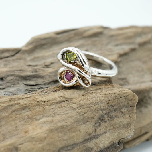 Precious Metal Clay Ring with Purple and Green Crystals
