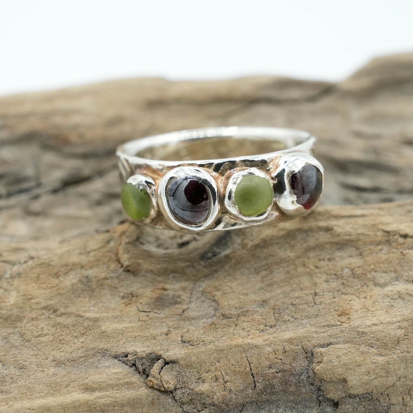 Precious Metal Clay Ring with Purple and Green Beads