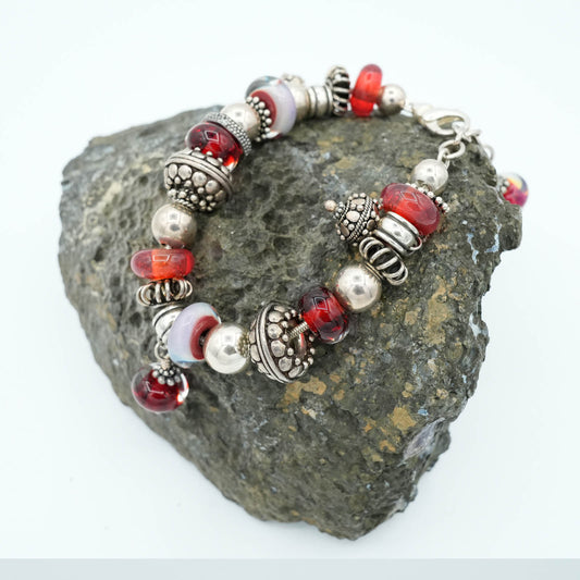 Mixed Color Glass Bead and silver Bead bracelet - Red