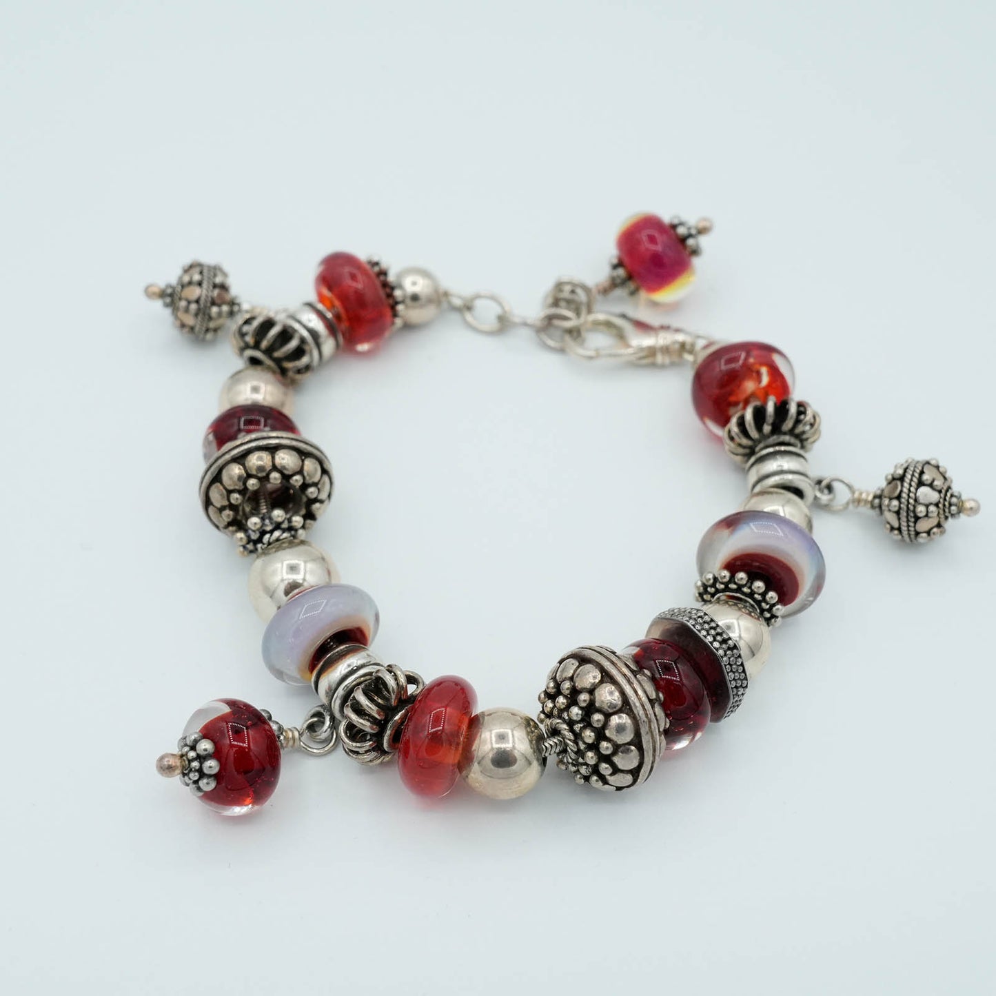 Mixed Color Glass Bead and silver Bead bracelet - Red