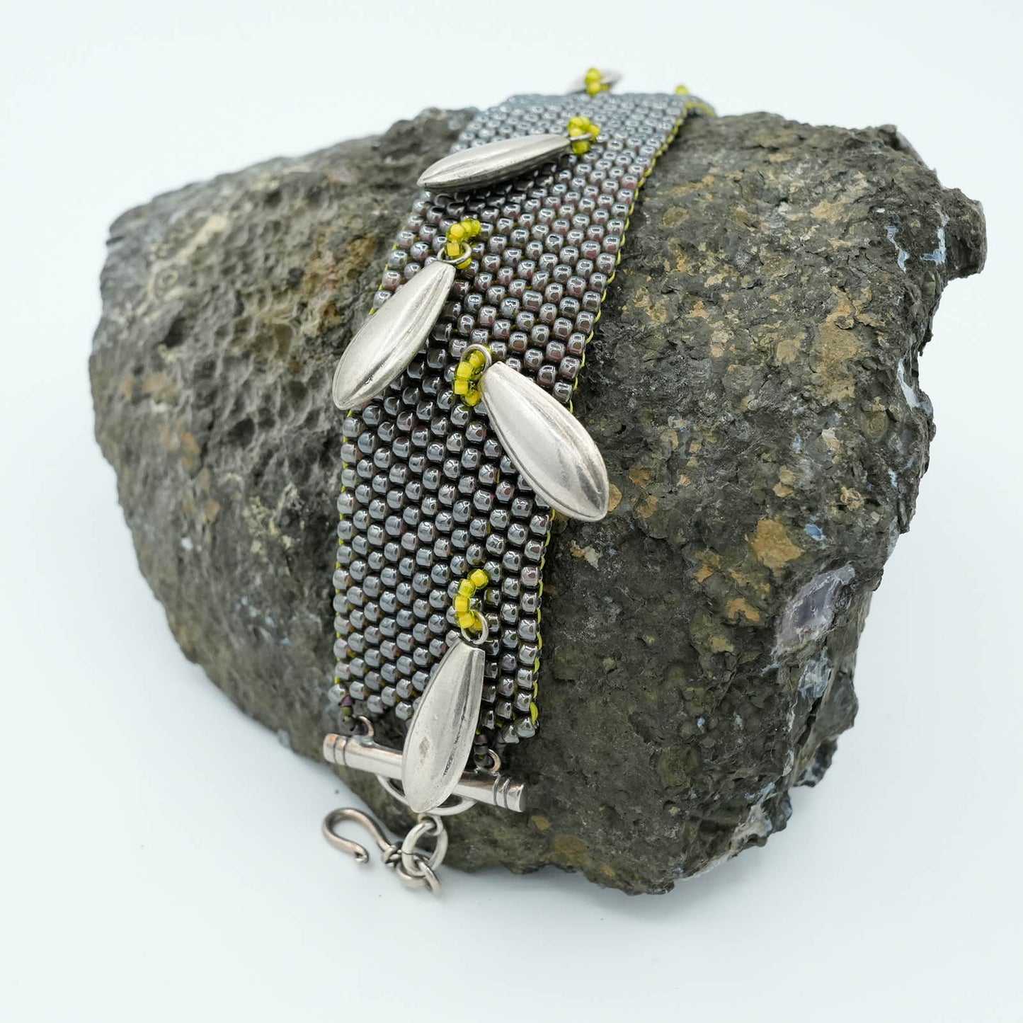 Peyote Stitch Seed Bead Bracelet with Decorative Clasp - Gray with Silver Teardrops