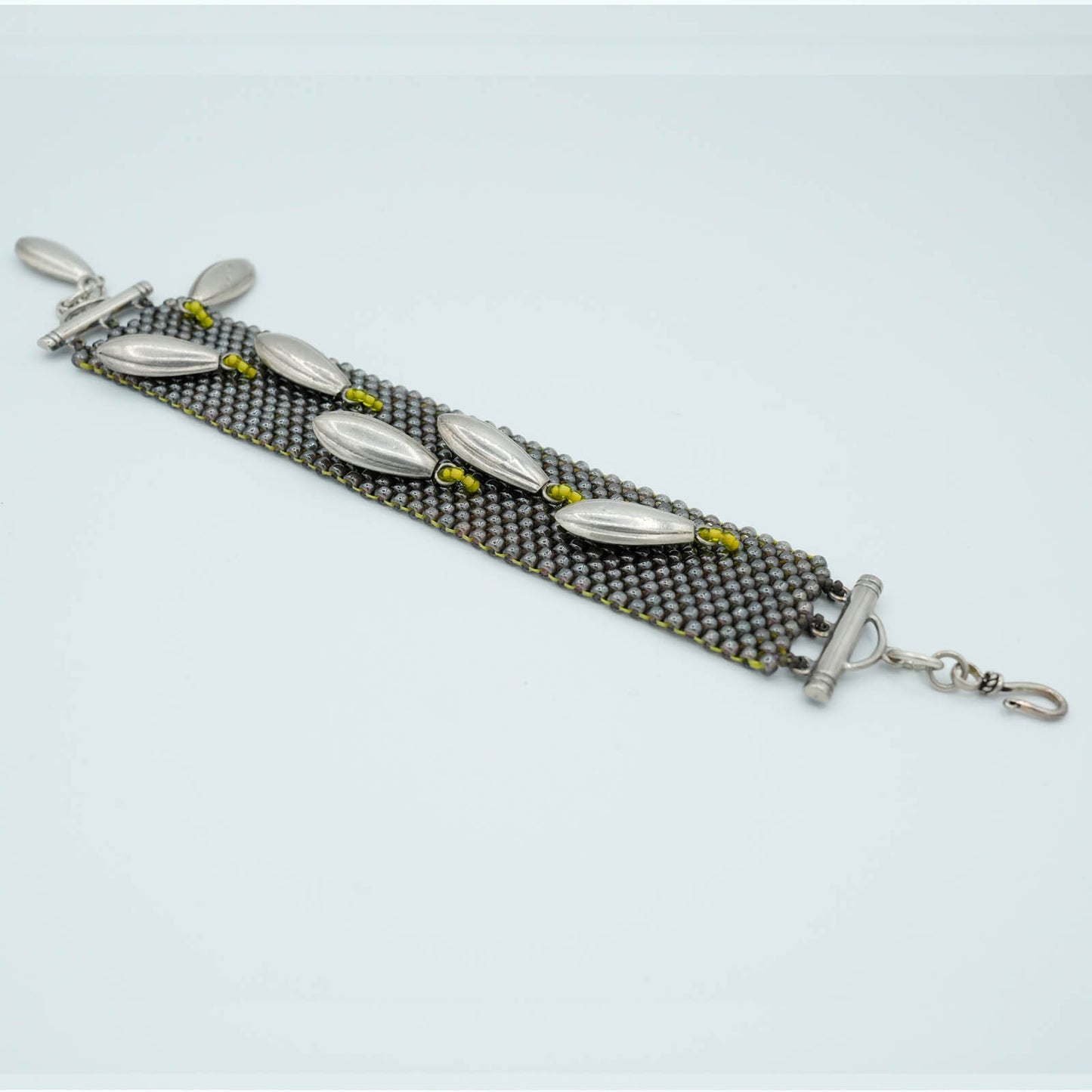 Peyote Stitch Seed Bead Bracelet with Decorative Clasp - Gray with Silver Teardrops