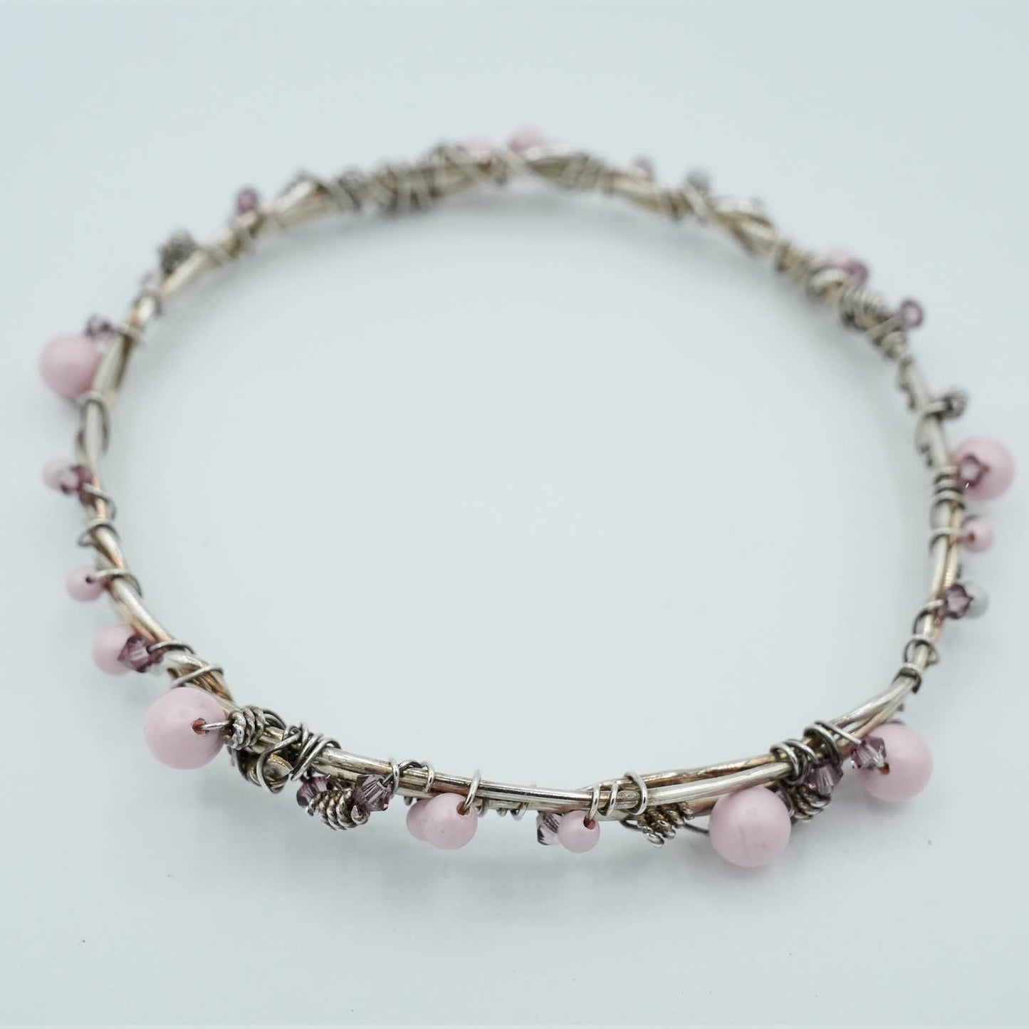 Handmade Sterling Silver Wire Wrapped Bangle with Crystals and Pearls