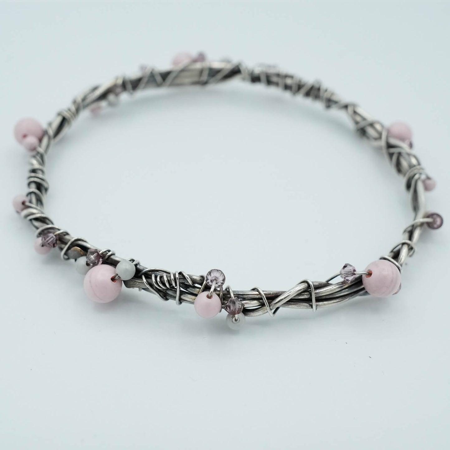 Handmade Sterling Silver Wire Wrapped Bangle with Crystals and Pearls
