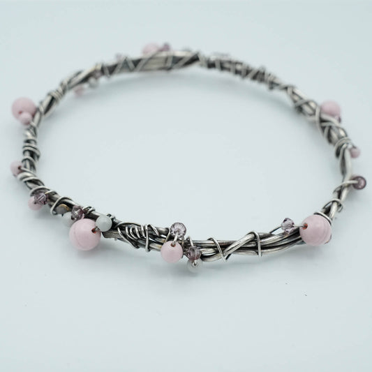 Handmade Sterling Silver Wire Wrapped Bangle with Crystals and Pearls