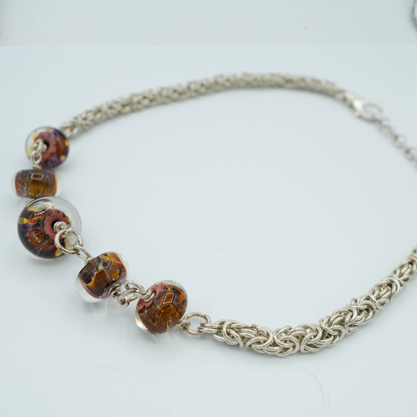 Sterling Silver Handmade Chain Necklace with Brown Glass Beads