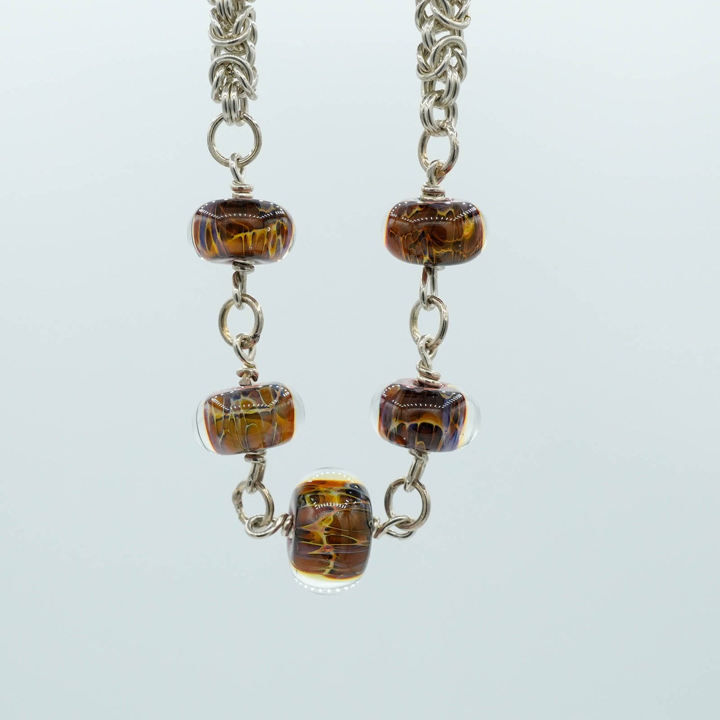 Sterling Silver Handmade Chain Necklace with Brown Glass Beads