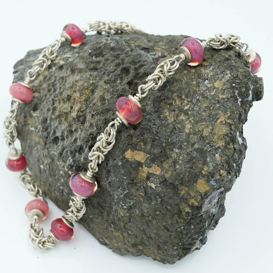 Sterling Silver Handmade Chain Necklace with Pink Glass Beads