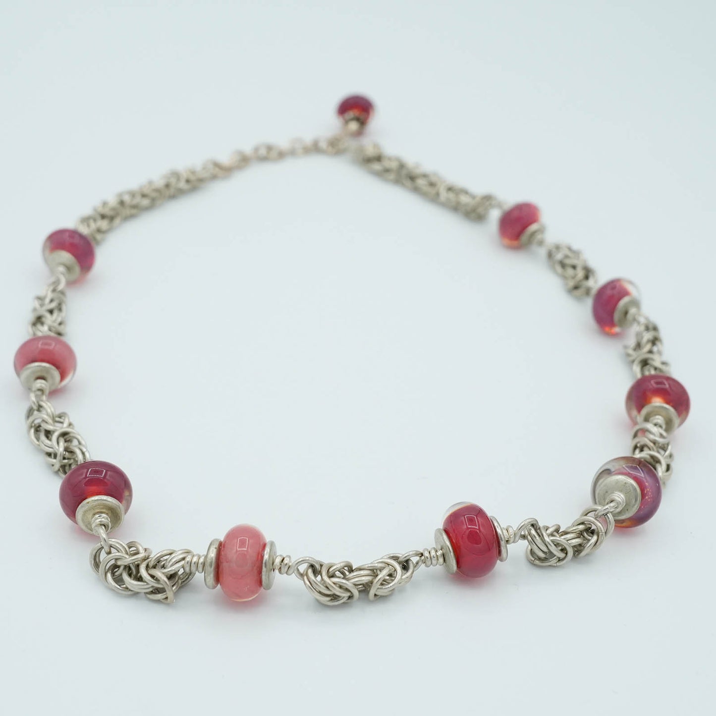 Sterling Silver Handmade Chain Necklace with Pink Glass Beads