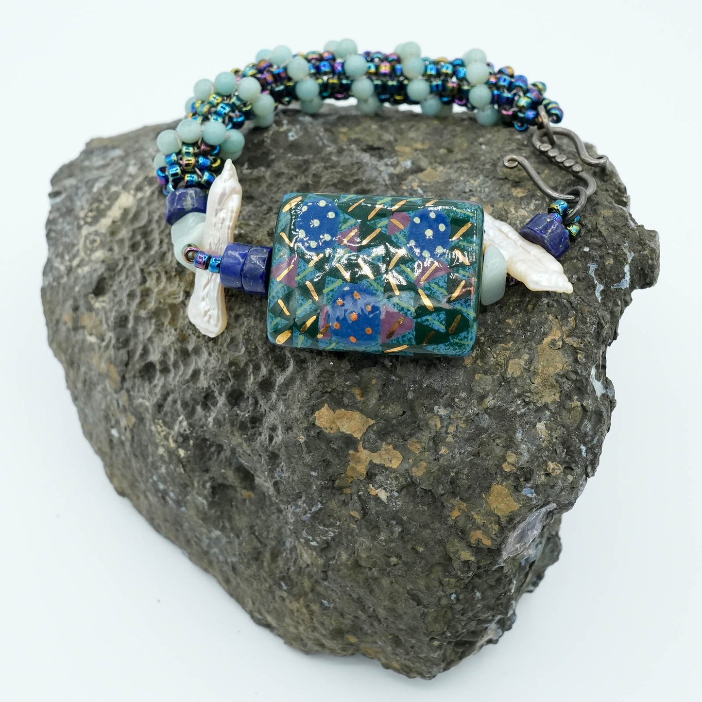Blue Flat Bead with seed bead Bracelet