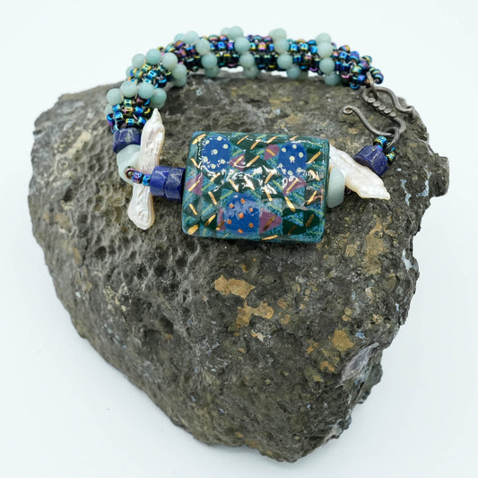 Blue Flat Bead with seed bead Bracelet